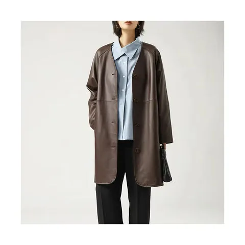Women's genuine leather coat - Real Leather Trench Coat Brown Long Sleeves V Neck Single | OurHomly