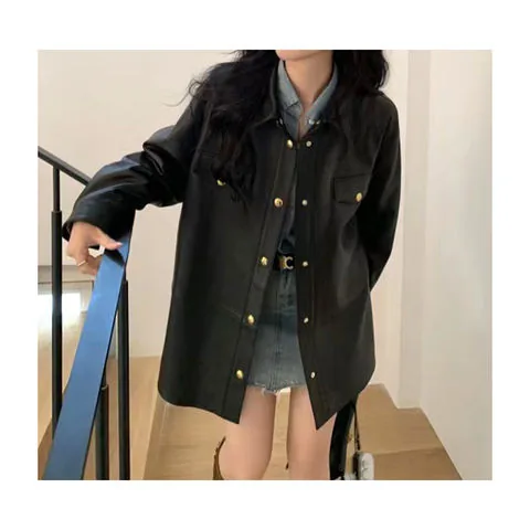 Women's genuine leather coat - Autumn Spring New Design Long Sleeves Pocket Covered Butto | OurHomly