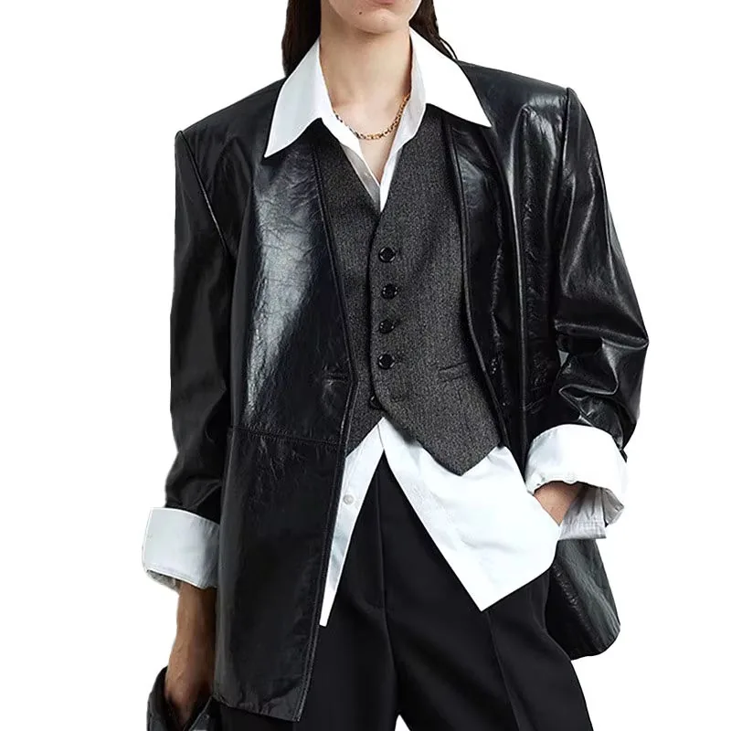 Women's genuine leather coat - Custom Leather Suit Coat Solid Color Long Sleeves V Neck G | OurHomly