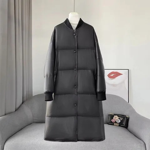 Women's genuine leather coat - Women Fashion Black Down Coat Baseball Uniform Style White | OurHomly
