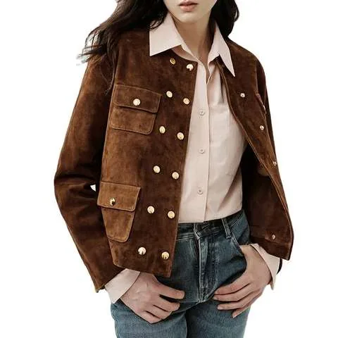 Women's genuine leather coat - Women Fashionable Double Breasted Genuine Cowskin Suede Le | OurHomly