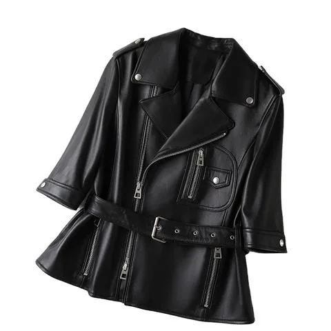 Women's genuine leather coat - New Trendy Popular Turn Down Collar Zipper Black Women Gen | OurHomly