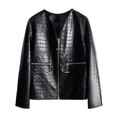 Women's genuine leather coat - Fashion Personality Design V Neck Zipper Black Crocodile G | OurHomly