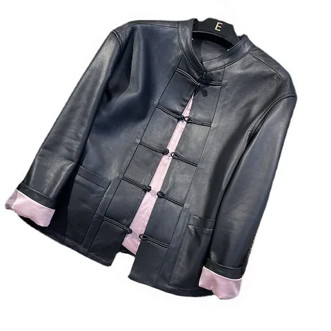 Women's genuine leather coat - Hot Selling Chinese Style Stand Collar Single Breasted Sol | OurHomly