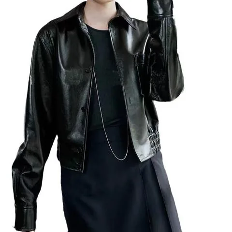 Women's genuine leather coat - Custom Leather Jacket Single Breasted Long Sleeves Solid C | OurHomly