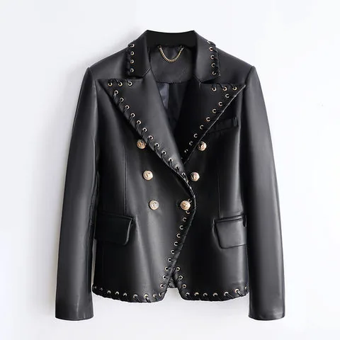 Women's genuine leather coat - Latest Design Sheepskin Jacket Double Breasted Long Sleeve | OurHomly