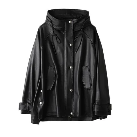 Women's genuine leather coat - Leather Winder Coat Medium Length Hooded Luxury Loose Real | OurHomly
