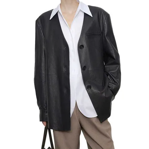 Women's genuine leather coat - Custom Simple Design Black Single Breasted V Neck Slim Wom | OurHomly