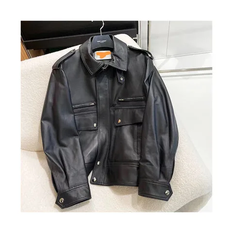 Women's genuine leather coat - Black Long Sleeves Pocket Women's Genuine Leather Coats Ja | OurHomly