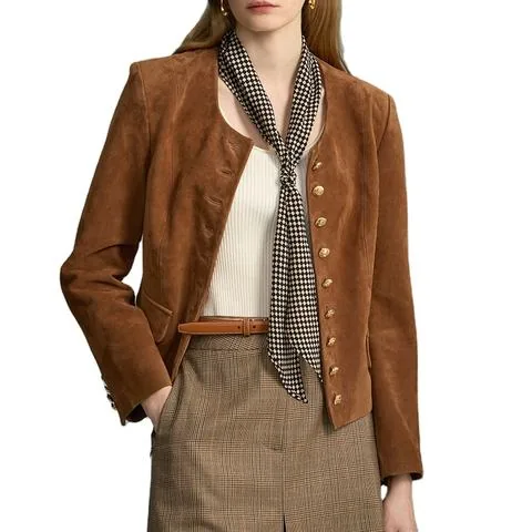 Women's genuine leather coat - Neck Single Breasted Long Sleeves Genuine Sheep Suede Leat | OurHomly
