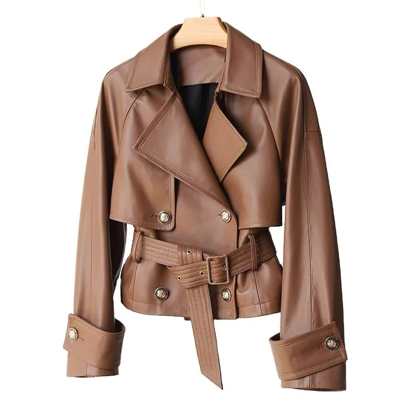 Women's genuine leather coat - Spring Fall Elegant Leather Jacket New Design Brown Double | OurHomly