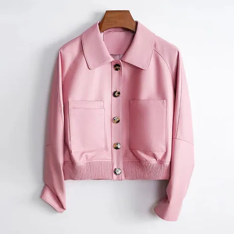 Women's genuine leather coat - Trending Products 2025 New Arrivals Pink Single Breasted W | OurHomly