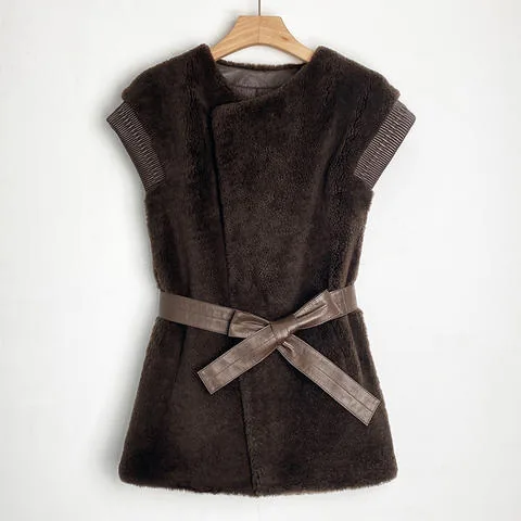 Women's genuine leather coat - Fashion Sleeveless Waistcoat Lace-up Medium Length Style L | OurHomly