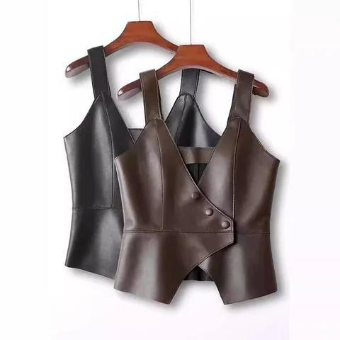Women's genuine leather coat - Wholesale Ladies Elegant Leather Waistcoat Solid Color Sin | OurHomly
