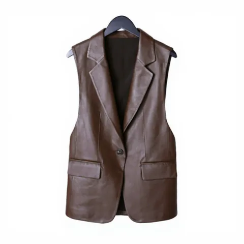 Women's genuine leather coat - Women's Blazer Collar Sleeveless Sheepskin Formal Vest One | OurHomly