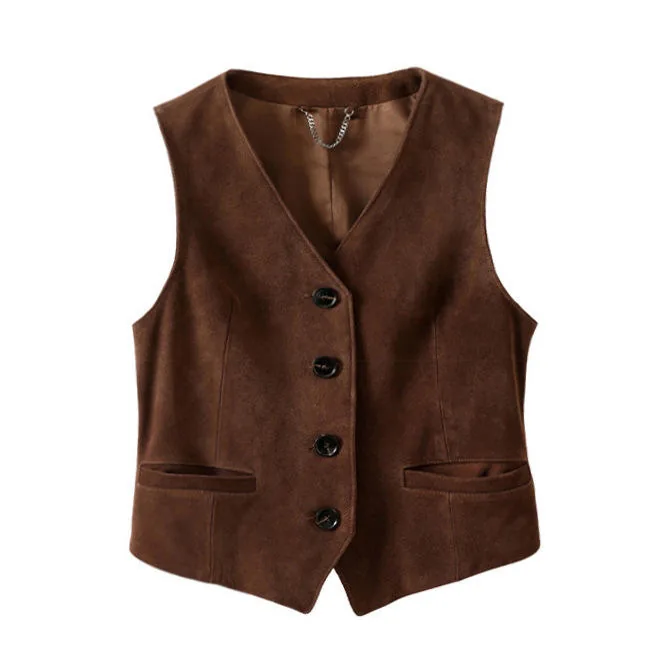 Women's genuine leather coat - Custom British Style Casual Short Leather Waistcoat Sleeve | OurHomly