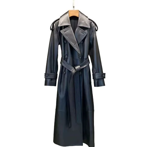 Women's genuine leather coat - New Arrival Long Style Black Genuine Leather Womens Trench | OurHomly