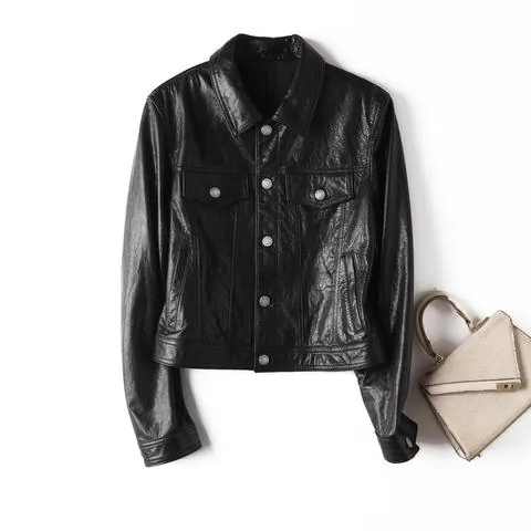 Women's genuine leather coat - Latest Design Solid Color Ladies Pocket Casual Short Slim | OurHomly