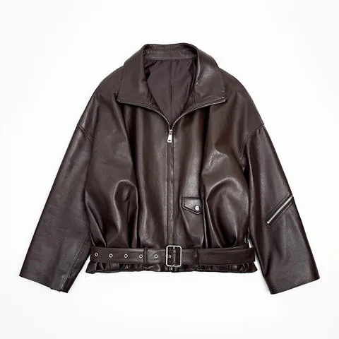 Women's genuine leather coat - New Arrival Women Clothing Leather Coat Drop-shoulder Styl | OurHomly