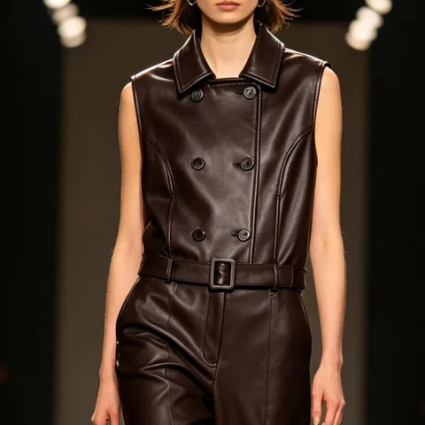 Women's genuine leather coat - HN6146-1 2026 Spring Women's Slim Biker Waistcoat with Bel | OurHomly