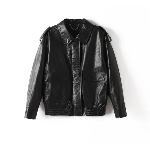 Women's genuine leather coat - Custom Cowhide Leather Coat Long Sleeves Solid Color Loose | OurHomly