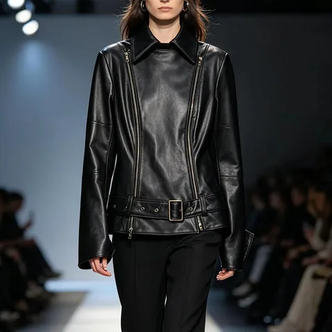 Women's genuine leather coat - HN6150 Slim Biker Zip-Up Leather Coat Women's Lapel Full V | OurHomly
