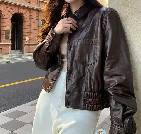 Women's genuine leather coat - Sheepskin Outerwear Loose-fitting Slimming and Sophisticat | OurHomly
