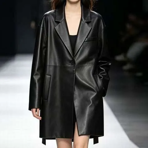 Women's genuine leather coat - Garment Wrinkle-free Treatment Black Full Length Notched C | OurHomly