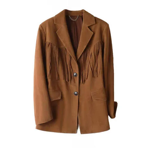 Women's genuine leather coat - New Trendy Leather Suits Single Breasted Pocket Tassels De | OurHomly