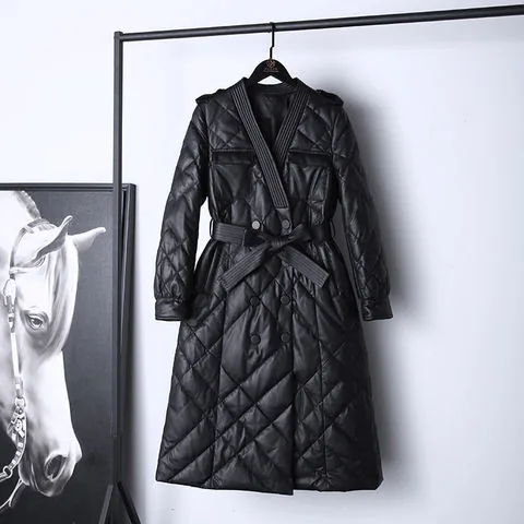 Women's genuine leather coat - V-neck Tie Waist Genuine Leather Sheepskin Checkered 90 Wh | OurHomly