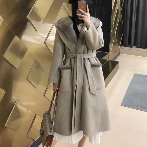 Women's genuine leather coat - Women Luxury Mink Fur Collar Belt Elegant Cashmere Trench | OurHomly