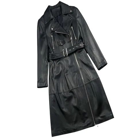 Women's genuine leather coat - Fashion Long Zipper Pocket Motorcycle Style Genuine Leathe | OurHomly