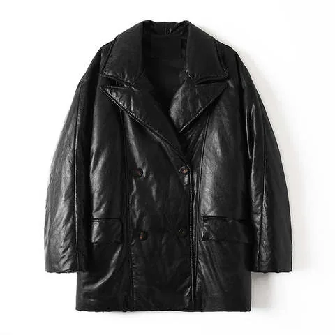 Women's genuine leather coat - New Arrivals Oil-wax Tanned Glossy Tailored Collar Winter | OurHomly