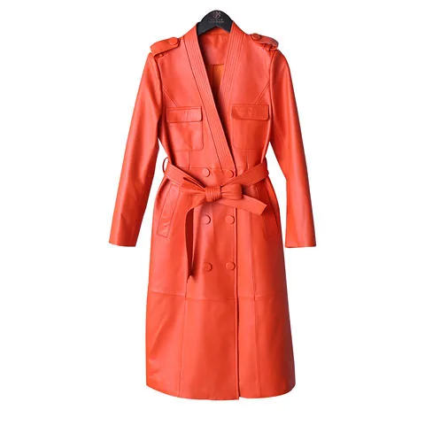 Women's genuine leather coat - New Fashion V-neck Double-breasted Belt Strap Trim Genuine | OurHomly