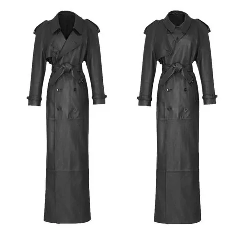 Women's genuine leather coat - New Design Fashion Double-breasted Belt Trench Coat Ankle | OurHomly