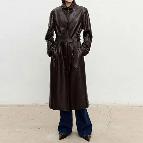 Women's genuine leather coat - HN000004 Women's Slim Fit Belted Waist Long Leather Overco | OurHomly