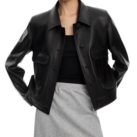Women's genuine leather coat - New Style Luxury Long Sleeves Single Breasted Cargo Coat B | OurHomly