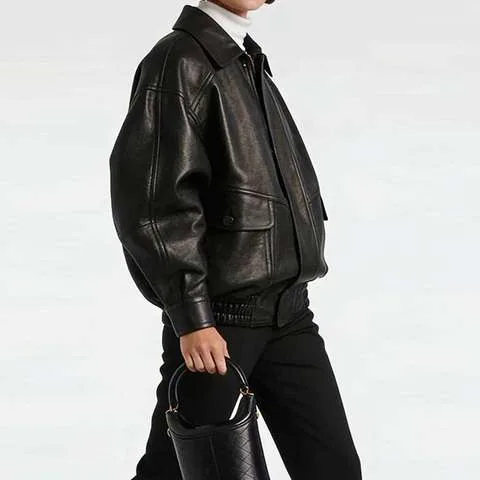 Women's genuine leather coat - HN000001 Spliced Detail European Style Women's Loose Splic | OurHomly