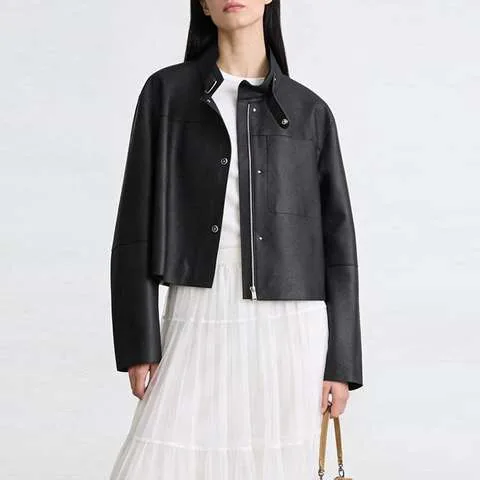 Women's genuine leather coat - HN6153 Euro-American Style Women Oil Edge Craft Stand Coll | OurHomly