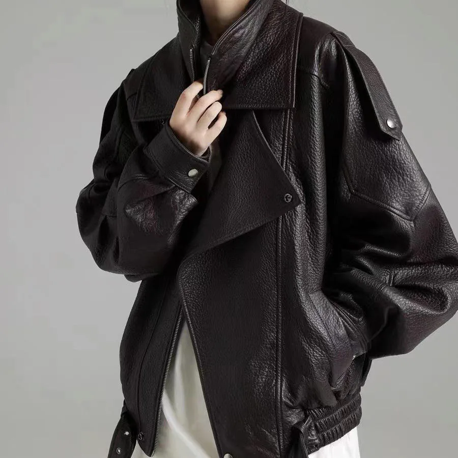 Women's genuine leather coat - New Arrival Hot Sale Oversized Double-layer Collar Oversiz | OurHomly