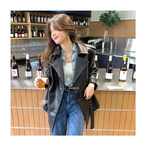 Women's genuine leather coat - Wholesale in Stock Korean Style Solid Color Double Breaste | OurHomly