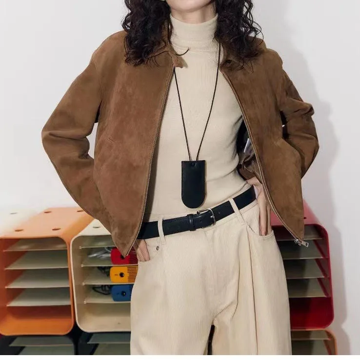 Women's genuine leather coat - Fashion Women Vintage Brown Suede Lapel Bomber Jacket Goat | OurHomly