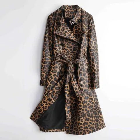 Women's genuine leather coat - Fashionable Oversized Leopard Print Real Long Length Doubl | OurHomly