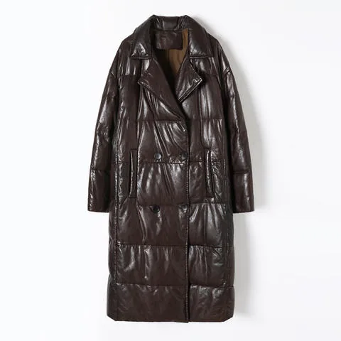 Women's genuine leather coat - New Arrival Winter Elegant Waxed Oil Sheepskin Down Coat L | OurHomly