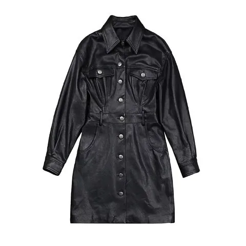 Women's genuine leather coat - Jean Style Fashion Real Sheep Skin Women Leather Dress Lux | OurHomly