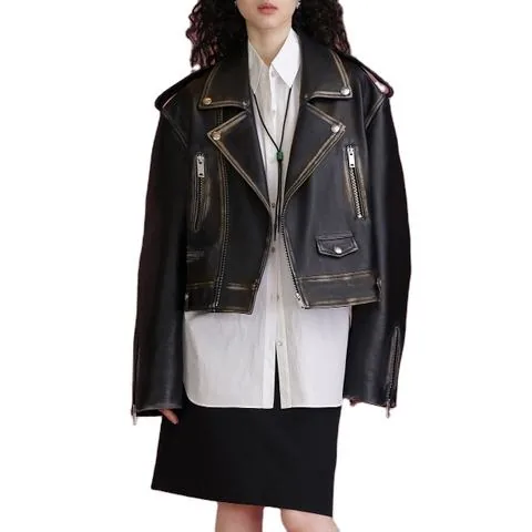 Women's genuine leather coat - New Sheepskin Motorbike Leather Jackets 2025 Short Style U | OurHomly