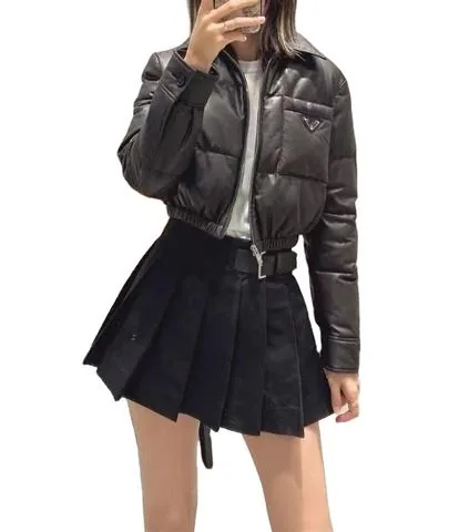 Women's genuine leather coat - Fashion Design Black Short Style Lapel Elastic Waist Leath | OurHomly