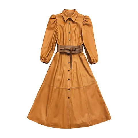 Women's genuine leather coat - Puff Sleeve Oversized Swing Shirt Dress Sheepskin Trend Dr | OurHomly