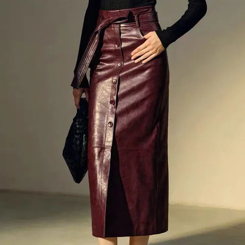 Women's genuine leather dress - Autumn and Winter New Oil Wax Sheepskin High Waist Lace Op | OurHomly