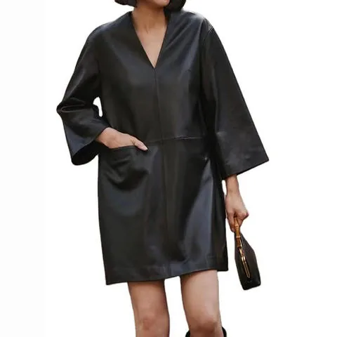 Women's genuine leather dress - New Design Custom V Neck Loose Long Sleeve Black Leather M | OurHomly